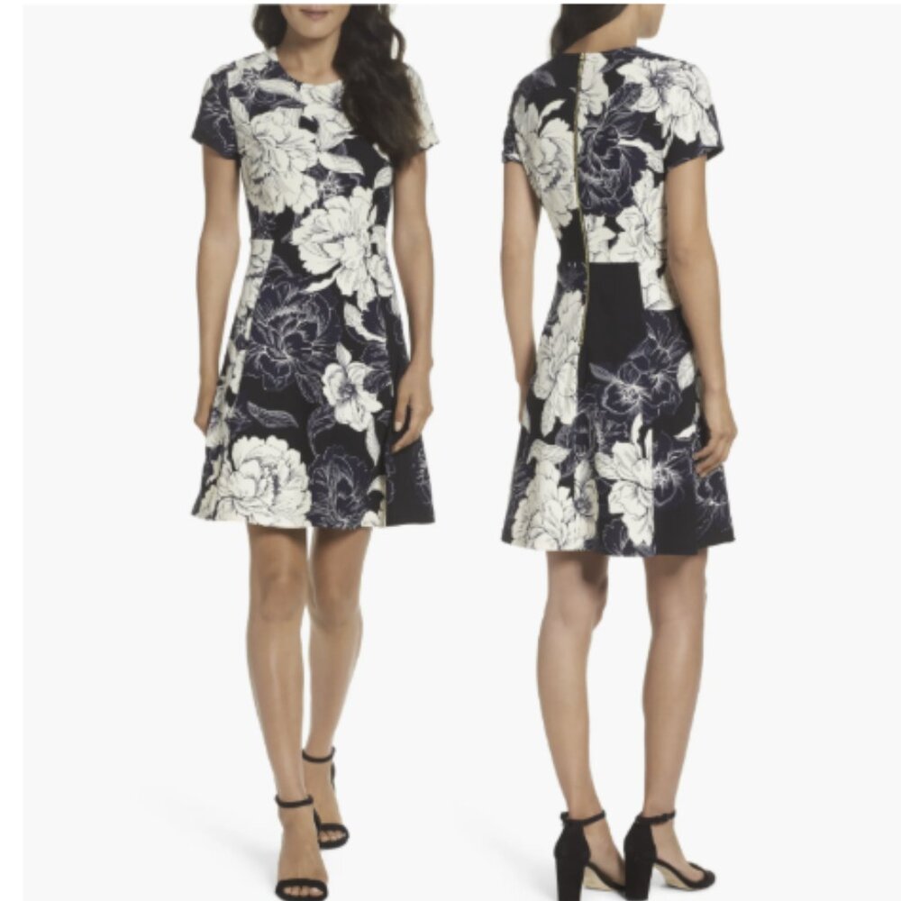 Eliza J Navy and White Floral Fit-and-Flare Dress